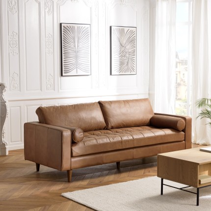 PIERRE 3-Seater Sofa in Caramel-Colored Leather