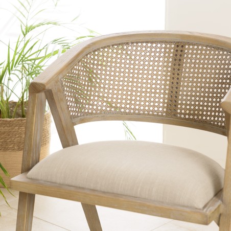 Chaise en bois PIERRE - Assise tissu lin et dossier rotin naturel