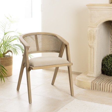 PIERRE Wooden Chair with Linen-Colored Fabric Seat and Natural Rattan Backrest