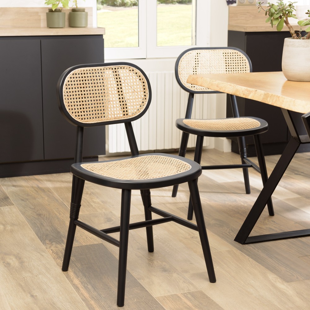 PIERRE Set of 2 Black Wooden Chairs with Rattan Seat PIERRE Set of 2 Black Wooden Chairs with Rattan Seat
