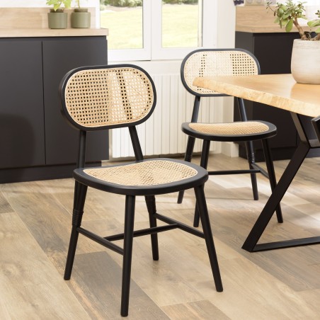 PIERRE Set of 2 Black Wooden Chairs with Rattan Seat