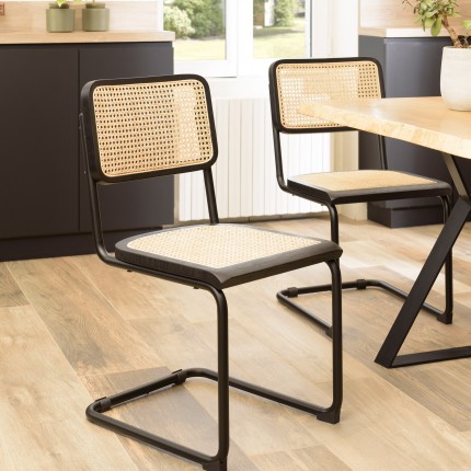 Lot 2 chaises bois noir/rotin naturel métal