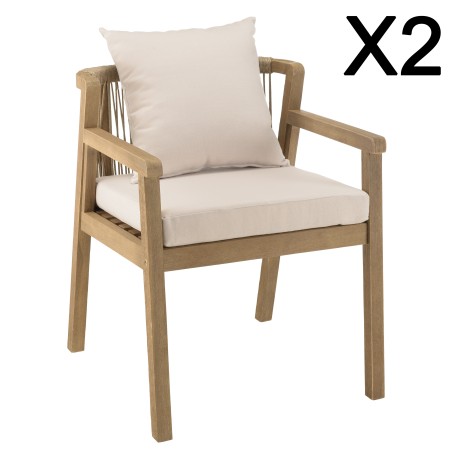 CELESTIN - Set of 2 Acacia/Synthetic Rope Armchairs, Beige with Grey Cushions