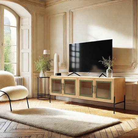 Helena TV Stand with 4 Glass Doors - Green Pine Frame & Black Metal