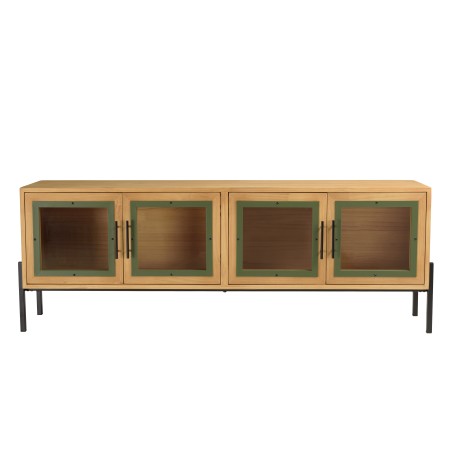 Helena TV Stand with 4 Glass Doors - Green Pine Frame & Black Metal