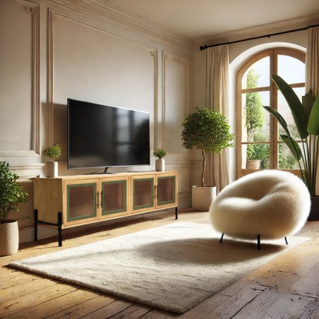 Helena TV Stand with 4 Glass Doors - Green Pine Frame & Black Metal