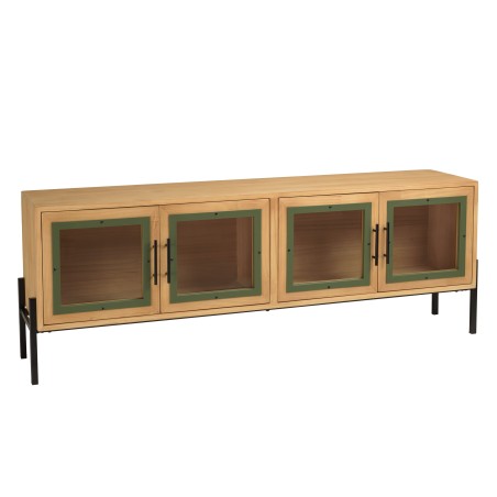 Helena TV Stand with 4 Glass Doors - Green Pine Frame & Black Metal