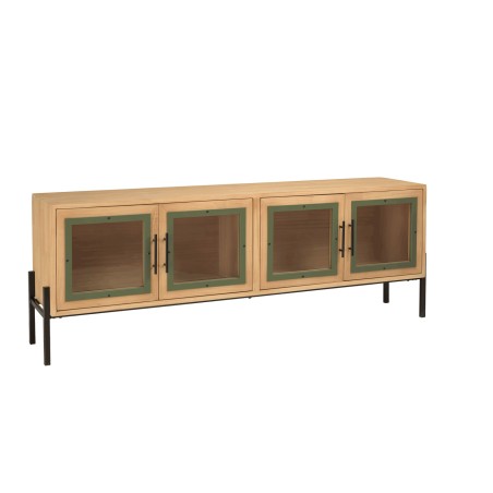 Helena TV Stand with 4 Glass Doors - Green Pine Frame & Black Metal