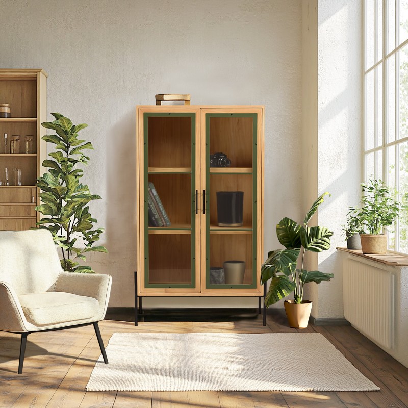 HELENA Dresser with 2 Glass Doors - Green Pine & Black Metal HELENA Dresser with 2 Glass Doors - Green Pine & Black Metal