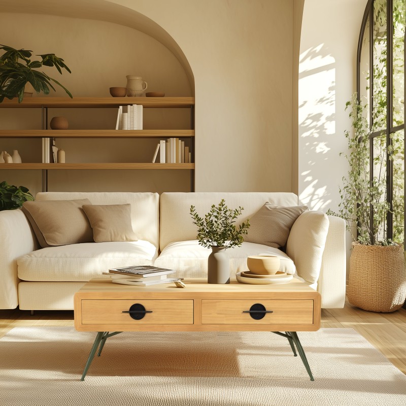 HELENA Coffee Table with 2 Drawers - Natural Pine and Green Metal Legs HELENA Coffee Table with 2 Drawers - Natural Pine and Green Metal Legs