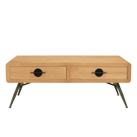 Table basse HELENA - Pin naturel 2 tiroirs métal vert