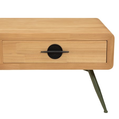 HELENA Coffee Table with 2 Drawers - Natural Pine and Green Metal Legs
