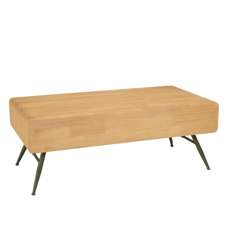 HELENA Coffee Table with 2 Drawers - Natural Pine and Green Metal Legs