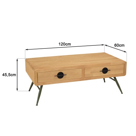 HELENA Coffee Table with 2 Drawers - Natural Pine and Green Metal Legs
