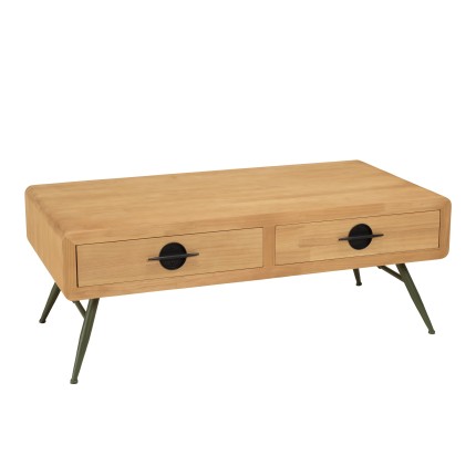 Table basse HELENA - Pin naturel 2 tiroirs métal vert