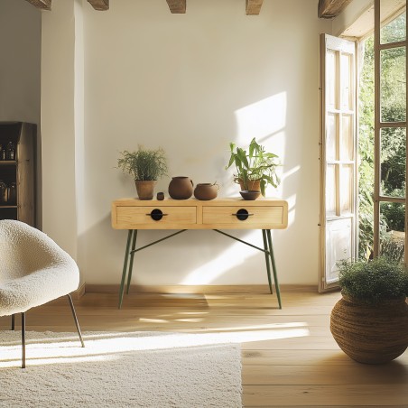 HELENA Console Table with 2 Drawers | Natural Pine & Green Metal Legs