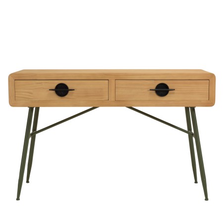 HELENA Console Table with 2 Drawers | Natural Pine & Green Metal Legs