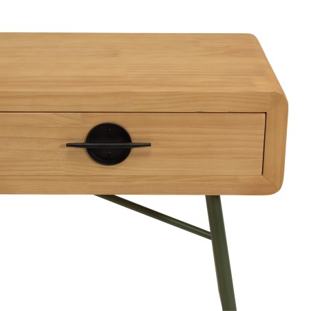 HELENA Console Table with 2 Drawers | Natural Pine & Green Metal Legs