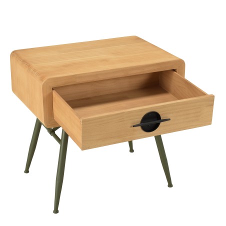 HELENA Bedside Table - Natural Pine with Green Metal Legs