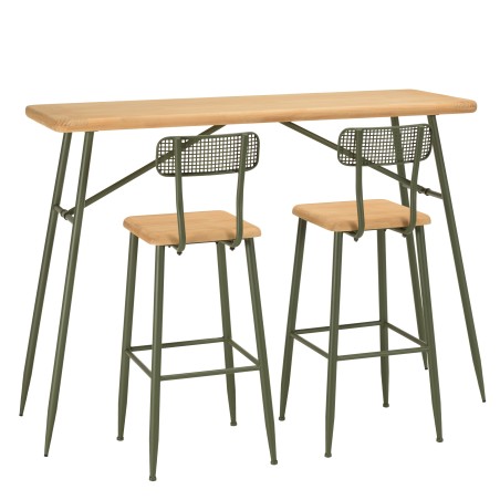 HELENA Bar Set - Pine & Green Metal - 1 Bar + 2 Stools