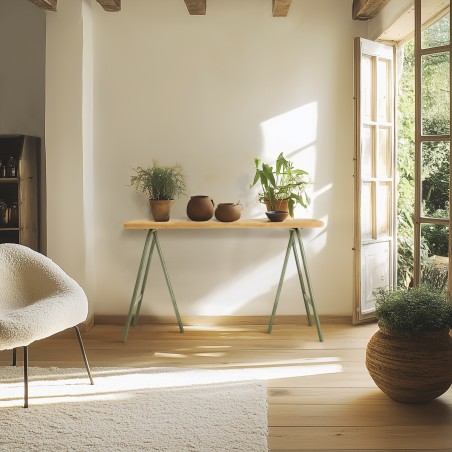 HELENA Console Table - Pine Top & Green Metal Trestle Legs