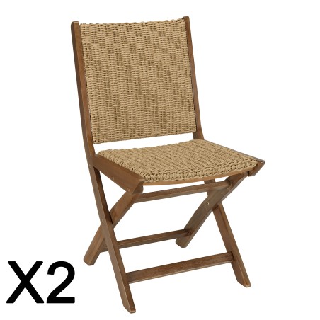 VICK Set of 2 Folding Chairs in Oiled Acacia and Synthetic Rattan