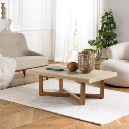 ERIS - Table basse rect. 120x70cm en béton beige pieds croisés en teck