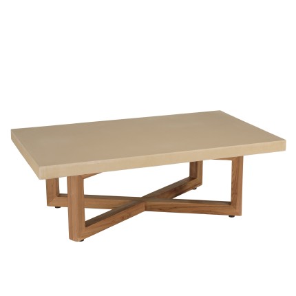 ERIS - Rectangular coffee table 120x70cm in beige concrete with crossed teak legs