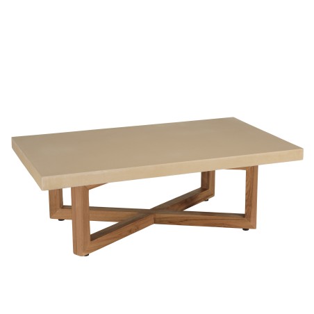 ERIS - Rectangular coffee table 120x70cm in beige concrete with crossed teak legs