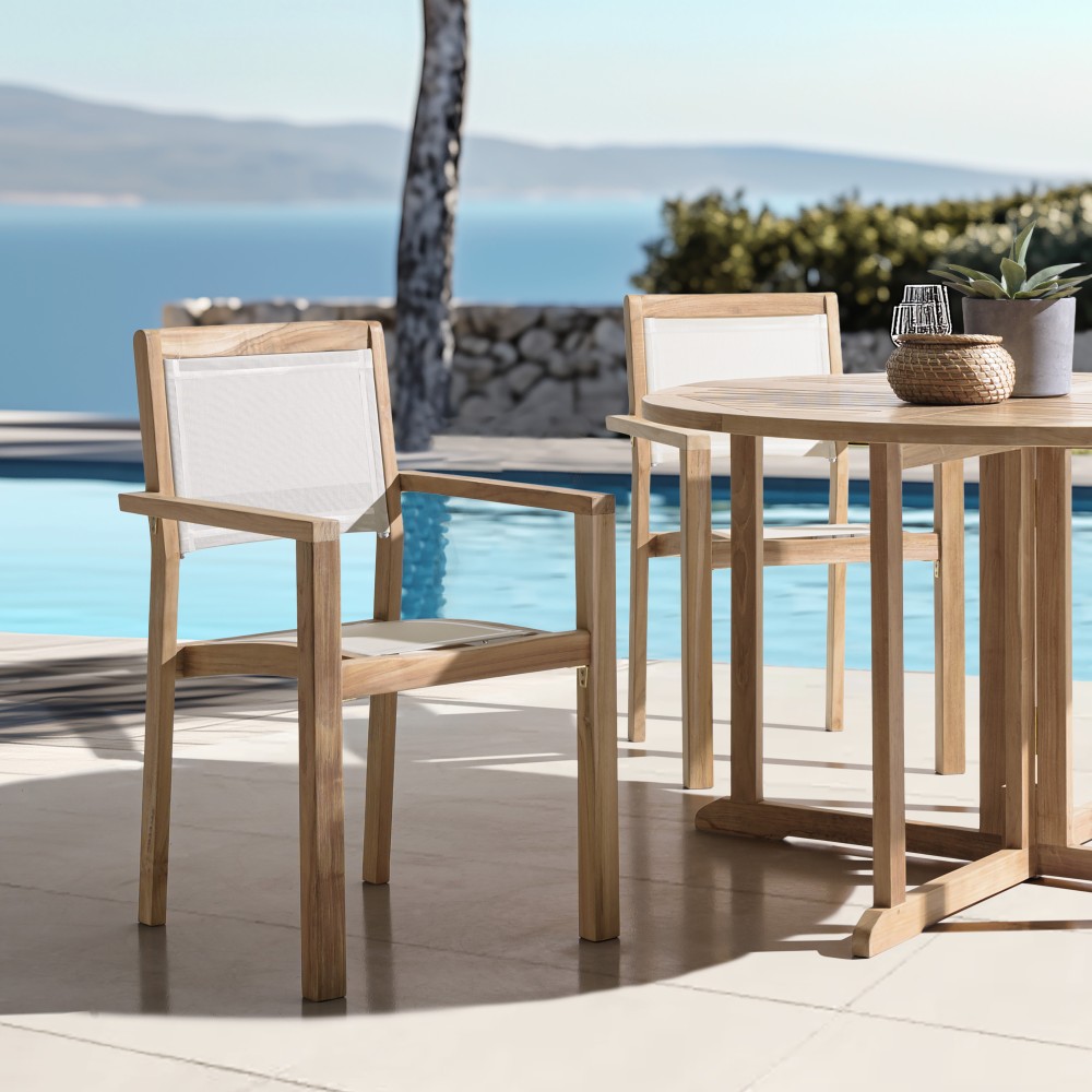 HARRIS - Set of 2 stackable textilene armchairs in beige HARRIS - Set of 2 stackable textilene armchairs in beige