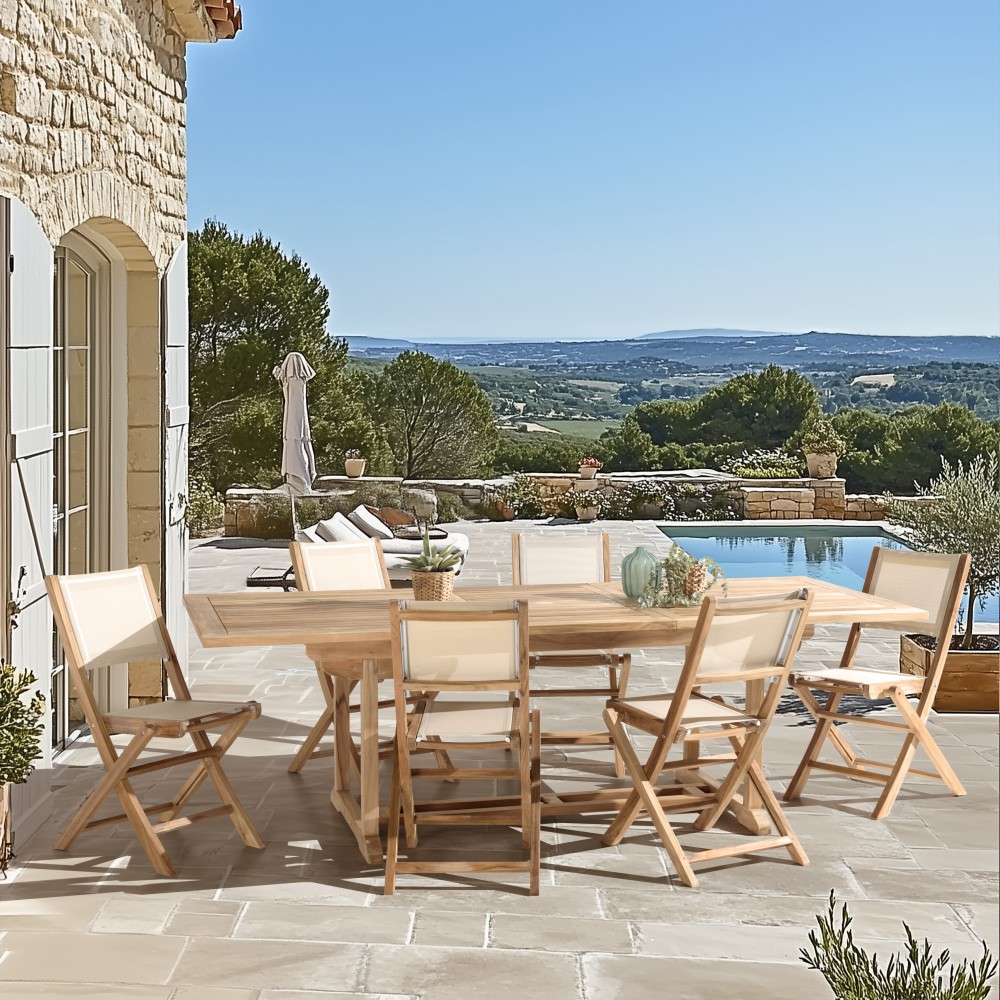 HARRIS - Lot No. 157 Teak and textilene garden furniture for 8/10 people HARRIS - Lot No. 157 Teak and textilene garden furniture for 8/10 people