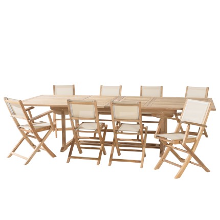 Teak and textilene garden set for 10 to 12 people