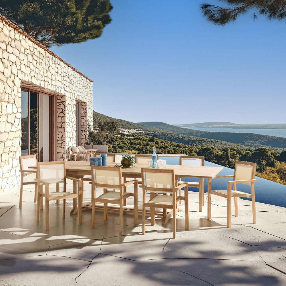 HARRIS - Lot No. 161 Teak and textilene garden furniture for 10/12 people HARRIS - Lot No. 161 Teak and textilene garden furniture for 10/12 people