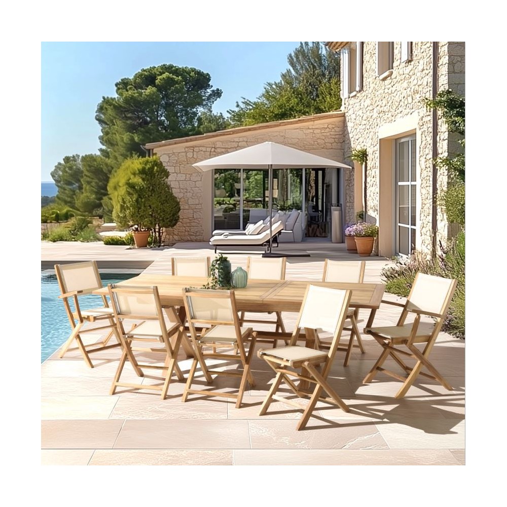 HARRIS - Lot No. 163 Teak and textilene garden furniture for 10/12 people HARRIS - Lot No. 163 Teak and textilene garden furniture for 10/12 people