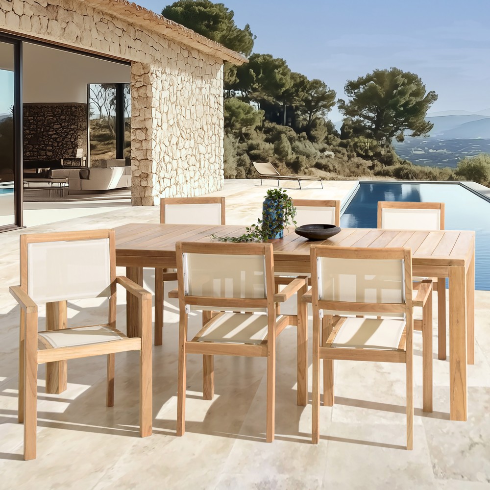 Teak and textilene garden set for 8/10 people