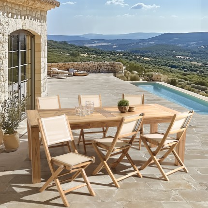 Teak and textilene garden set for 8/10 people FUN