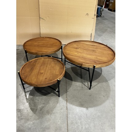 SIXTINE Set of 3 Round Tripod Coffee Tables - Recycled Teak & Steel