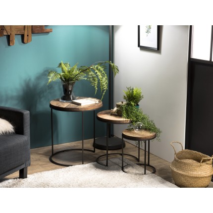 SIXTINE Set of 3 Round Brown Side Tables - Recycled Teak Acacia Mahogany Black Metal Legs