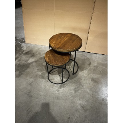 SECONDE MAIN - Set de 2 tables d'appoint rondes marrons Teck recyclé Acacia Mahogany pieds métal noirs