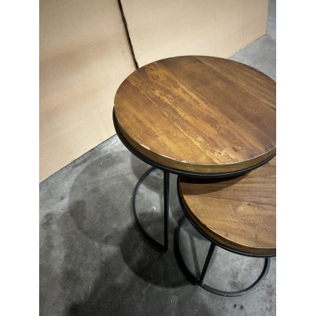 Set de 2 tables d'appoint rondes marrons Teck recyclé Acacia Mahogany pieds métal noirs
