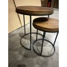SIXTINE Set of 3 Round Brown Side Tables - Recycled Teak Acacia Mahogany Black Metal Legs
