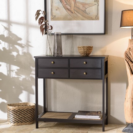 SECOND HAND - Black console table with 4 drawers and 1 shelf, cane effect