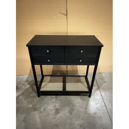 SECOND HAND - Black console table with 4 drawers and 1 shelf, cane effect