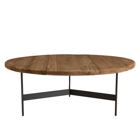 Round coffee table 90x90cm recycled pine wood and black metal legs - DANDY