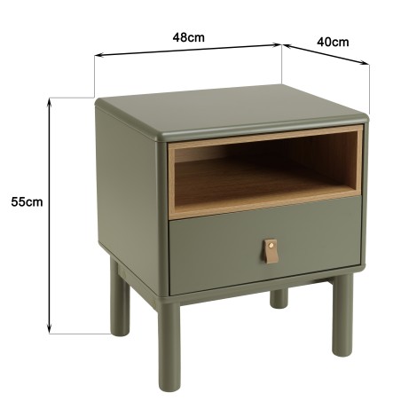 Green bedside table with 1 drawer and 1 shelf in natural wood ETHAN