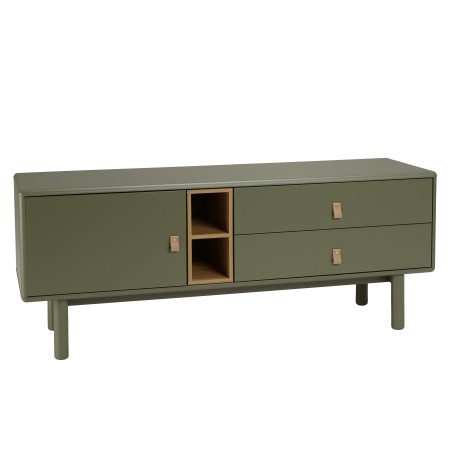 ETHAN - Green TV cabinet with 1 door, 2 drawers and 2 shelves in natural wood