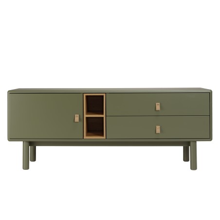 ETHAN - Green TV cabinet with 1 door, 2 drawers and 2 shelves in natural wood