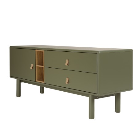 Meuble TV vert 1 porte, 2 tiroirs et 2 niches en bois naturel - ETHAN