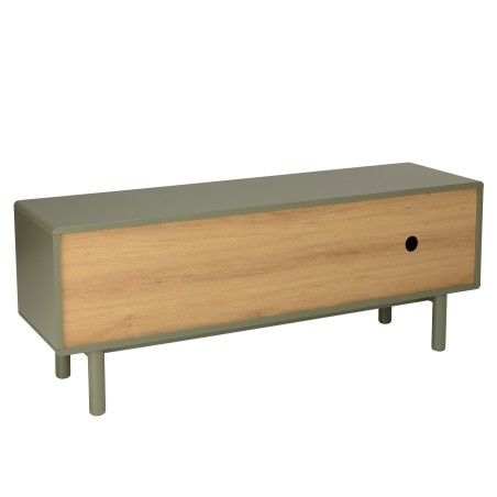 Meuble TV vert 1 porte, 2 tiroirs et 2 niches en bois naturel - ETHAN