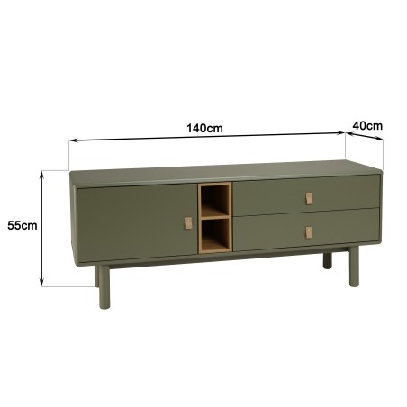 Meuble TV vert 1 porte, 2 tiroirs et 2 niches en bois naturel - ETHAN